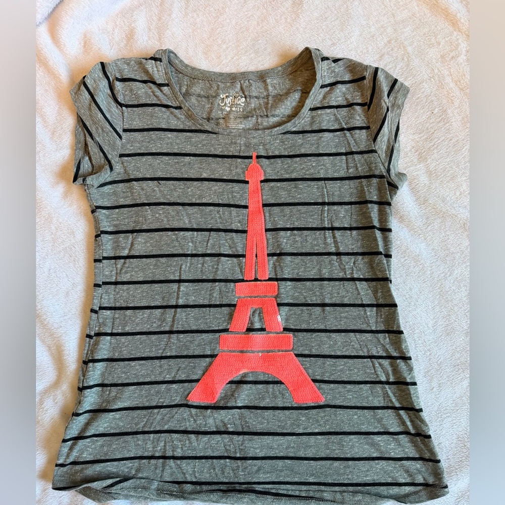 Justice Gray and Coral Sequin Striped Eiffel Tower Tee